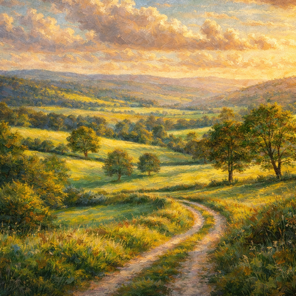 Impressionism landscape painting example with atmospheric light and natural scenery