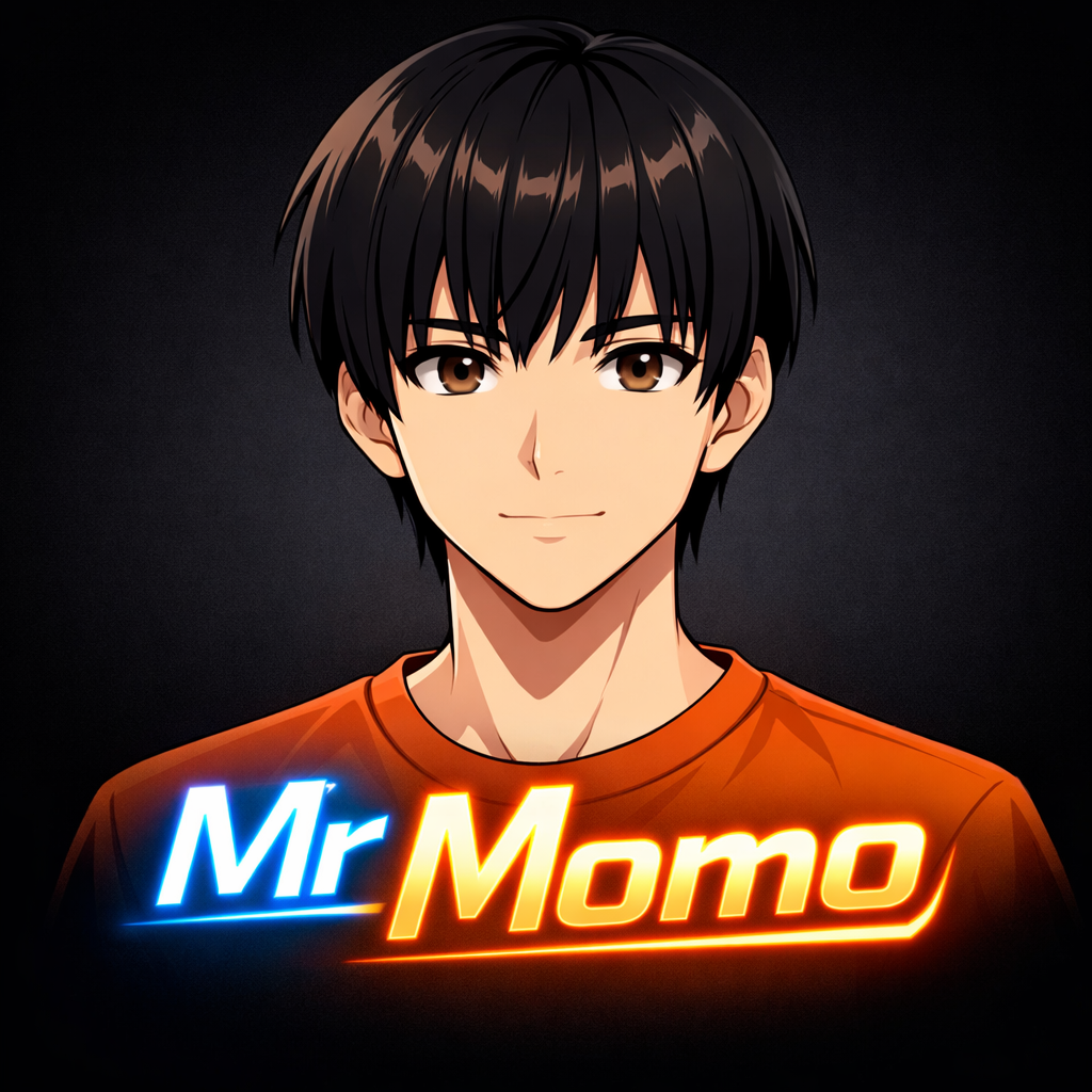 Anime-styleportrait of a young male with a clean sharp face and smooth skin short straight black hair with neat bangs calm confident expression soft brown eyes. Wearing an orange t-shirt. Front-facing head and shoulders view. Clean anime line art high-quality digital illustration modern anime style smooth shading soft lighting detailed eyes aesthetic look.
Background: simple dark or gradient background for YouTube profile picture.
Add a stylish logo text “Mr Momo” below or beside the character in bold modern font glowing or neon effect.
Square format high resolution perfect for YouTube profile picture