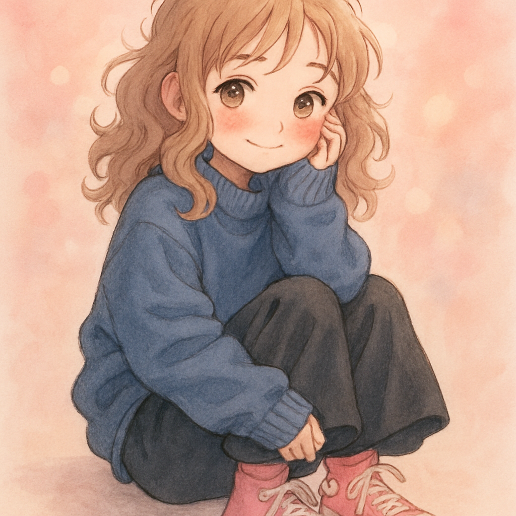 11year old girl light brown light curly hair pink convers playful smile blushing oversized sweater ticked in dark blue.wide sweatpants black wide legged