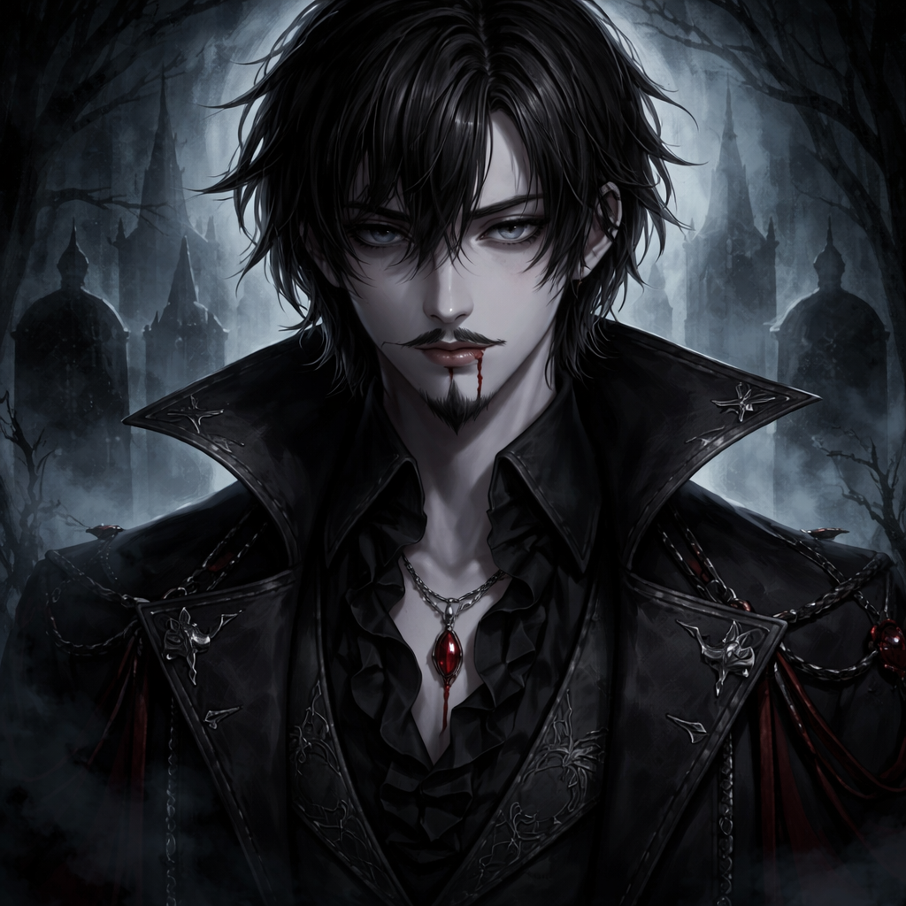 whiteyoung man black hair at ear level slanted eyes. short mustache to goatee vampire emo style haze eyes