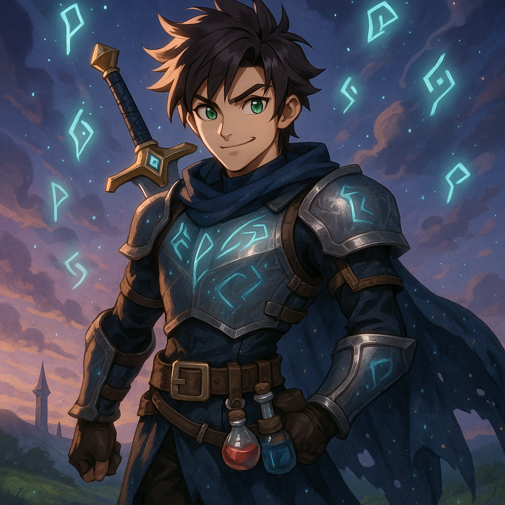 Aheroic male adventurer with anime-style features inspired by Runescape. He has medium-length spiky dark brown hair with copper highlights large expressive green eyes and a sly smirk radiating confidence and adventure. His armor is sleek metallic and etched with glowing runes; angular shoulder pads gauntlets and boots mix leather and metal paired with a tattered navy-blue cloak dotted with faint magical sparkles. A rune-etched sword rests on his back while a belt holds potions and tools. The background features rolling hills distant towers floating runes and a twilight sky creating a magical adventurous and animated fantasy vibe.