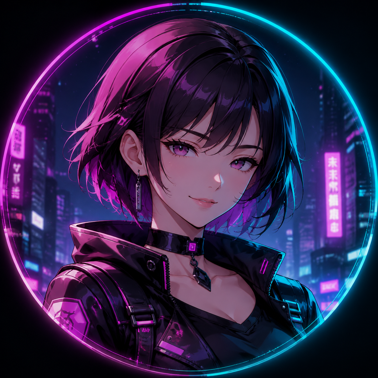 Createan original wholesome non-sexual anime profile picture based on the description. An original adult anime character with a friendly confident expression polished hairstyle tasteful modern outfit and a clean softly lit background. cyberpunk anime portrait aesthetic futuristic fashion neon city lighting subtle technological details vivid magenta and cyan accents cinematic contrast. centered profile-picture composition head-and-shoulders framing clear facial features coherent anatomy polished lighting clean background separation high detail high resolution - cyberpunk anime profile picture Createan original wholesome non-sexual anime profile picture based on the description. An original adult anime character with a friendly confident expression polished hairstyle tasteful modern outfit and a clean softly lit background. cyberpunk anime portrait aesthetic futuristic fashion neon city lighting subtle technological details vivid magenta and cyan accents cinematic contrast. centered profile-picture composition head-and-shoulders framing clear facial features coherent anatomy polished lighting clean background separation high detail high resolution - cyberpunk anime profile picture