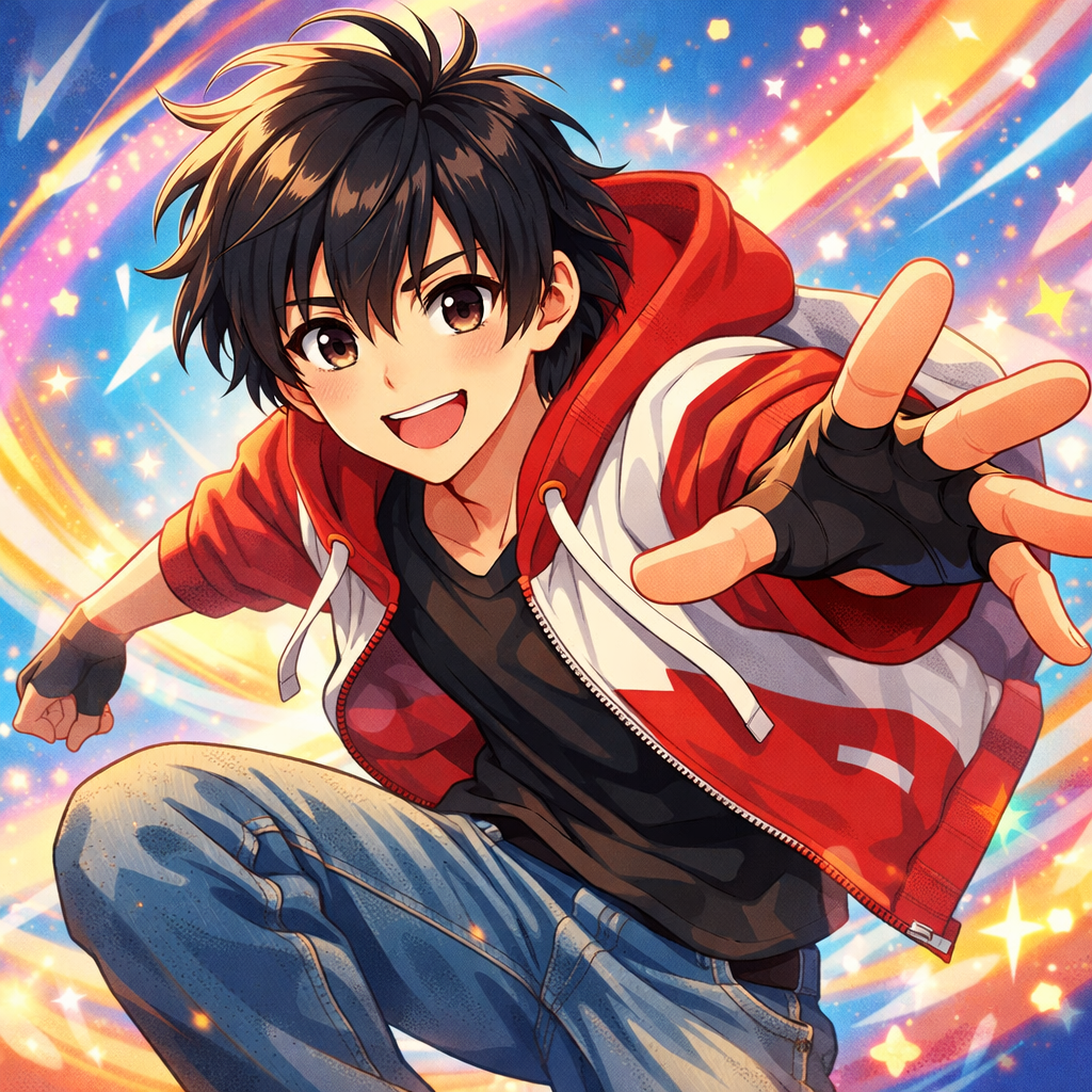 Animeboy 20years old youthful appearance medium-length messy dark hair big expressive eyes casual modern clothes (hoodie and jeans) friendly smile soft lighting colorful background vibrant and cute anime style high detail square format suitable for profile picture