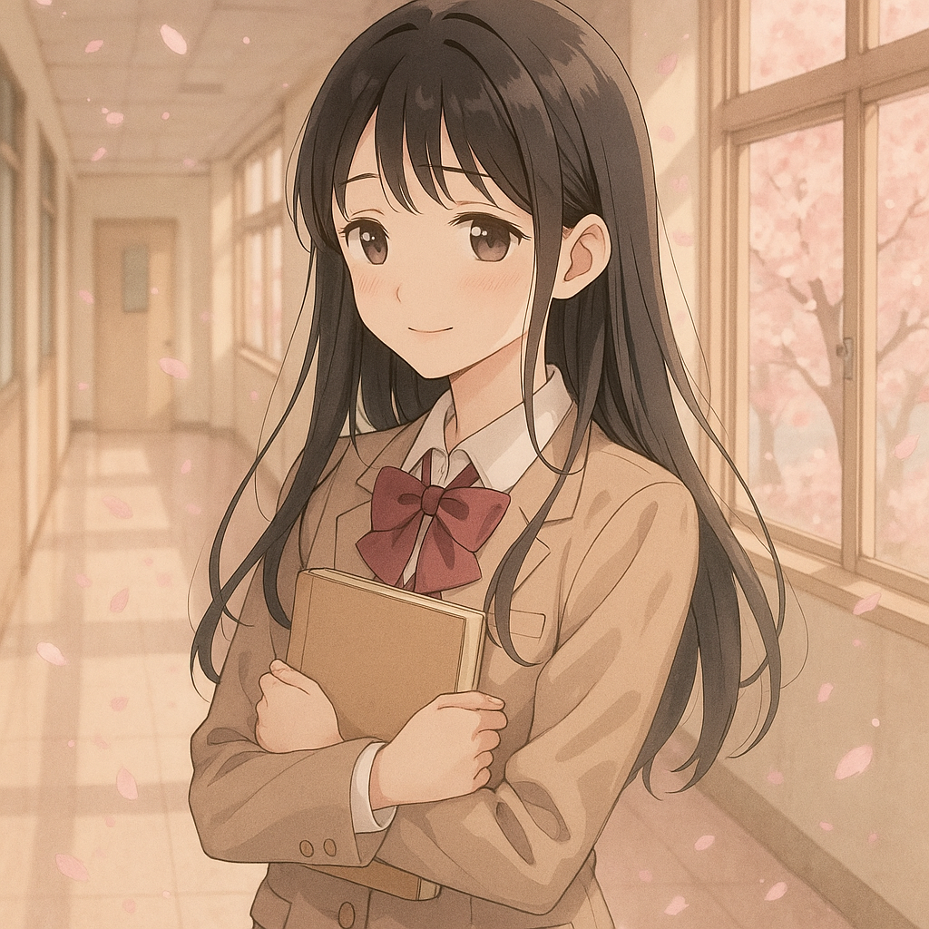 一名留着黑色长直发、眼神温柔、穿着整洁制服的女高中生，性格羞涩腼腆但内心坚强，总是会为他人着想。在校园里经常独自一人看书，却也会为重要的人默默付出，在樱花飘落的教室走廊上，她轻轻抱着课本，脸上带着淡淡的微笑。