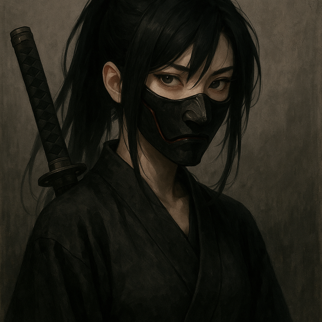 Makeme an Anime samurai style i want a cool and mysterious type of look possibly maybe just black hair halfway on mask make it look crispy