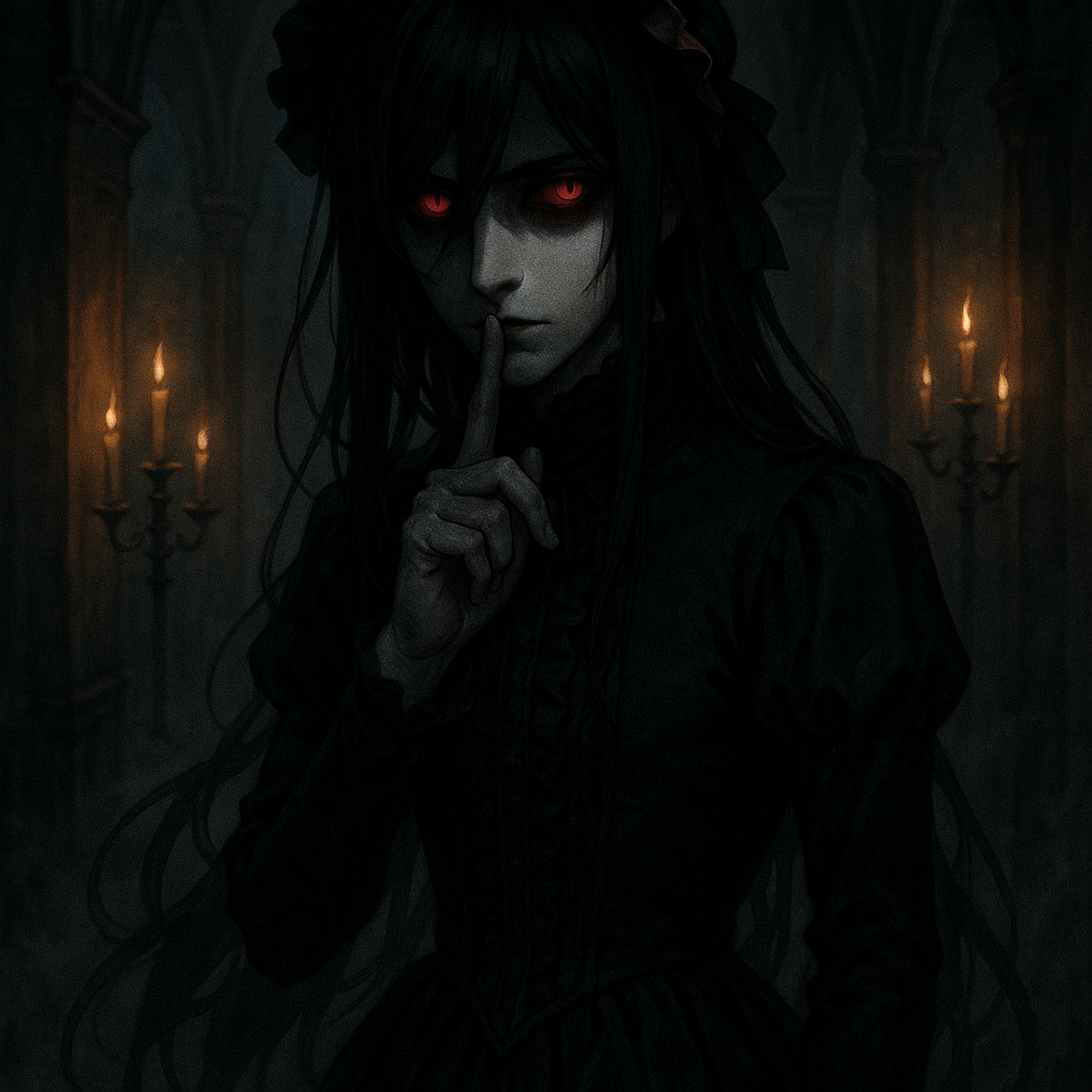 Darkfigure in Victorian dress pale skin and haunting red eyes moves silently through candlelit halls with an aura of melanch"dark anime style male character mysterious expression shadow on face black and red color palette cinematic lighting horror atmosphere detailed hair glowing eyes foggy background"oly and mystery seeking solitude in shadows while whispering ancient secrets.