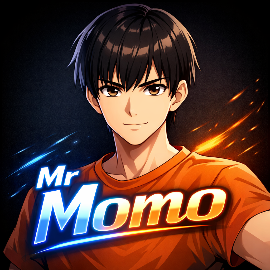 Anime-styleportrait of a young male with a clean sharp face and smooth skin short straight black hair with neat bangs calm confident expression soft brown eyes. Wearing an orange t-shirt. Front-facing head and shoulders view. Clean anime line art high-quality digital illustration manhwa anime style smooth shading soft lighting detailed eyes aesthetic look.
Background: simple dark or gradient background for YouTube profile picture.
Add a stylish logo text “Mr Momo” below or beside the character in bold modern font glowing or neon effect.
Square format high resolution perfect for YouTube profile picture