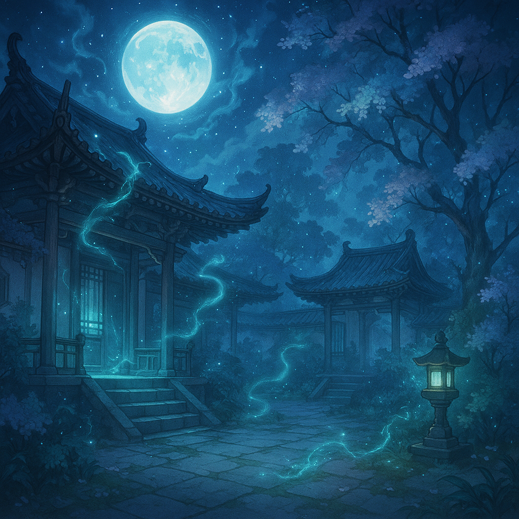 古风院子，无人像，天空挂着明月