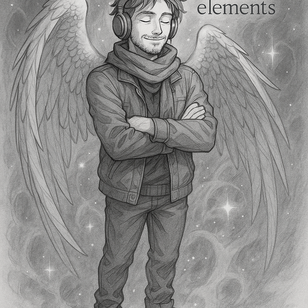 monochrome greyscale 1boy male_focus wings solo facial_hair scarf lineart crossed_arms smile sneakers headphones shoes jacket english_text closed_eyes