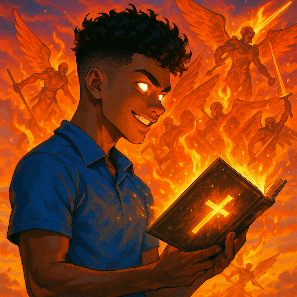 -Hairstyle:Curly black hair taper fade
- Expression: confident smile
-View: Side profile reading a book
-Background: Sunset
- Details: Glowing book with a cross on it Fiery army angels surrounding the boy boy has glowing eyes high resolution