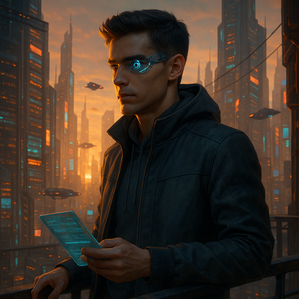 Acinematic portrait of an ambitious young fixer in a cyberpunk world. The character with a sharp and determined expression stands on a cramped balcony overlooking a megacity's upper levels. They wear a high-collared smart jacket over a humble hoodie. Their key modification is a sophisticated data-eye implant that glows with a cool blue light streaming real-time analytics and market data across their vision. One hand casually rests on the railing the other holds a translucent datapad showing encrypted messages. The atmosphere is the "golden hour" before the neon fully takes over casting long shadows. The background is a breathtaking vista of towering megastructures and flying transport vehicles. Photorealistic style of Denis Villeneuve's "Blade Runner 2049" and "Altered Carbon".
Negative Prompt: Monk religious spiritual neon rain chaotic street poor beggar punk mohawk aggressive weapon blood deformed ugly blurry cartoon 3d render childish smiling happy. (to avoid the cliché cyberpunk and ensure a serious ambitious tone) Acinematic portrait of an ambitious young fixer in a cyberpunk world. The character with a sharp and determined expression stands on a cramped balcony overlooking a megacity's upper levels. They wear a high-collared smart jacket over a humble hoodie. Their key modification is a sophisticated data-eye implant that glows with a cool blue light streaming real-time analytics and market data across their vision. One hand casually rests on the railing the other holds a translucent datapad showing encrypted messages. The atmosphere is the "golden hour" before the neon fully takes over casting long shadows. The background is a breathtaking vista of towering megastructures and flying transport vehicles. Photorealistic style of Denis Villeneuve's "Blade Runner 2049" and "Altered Carbon".
Negative Prompt: Monk religious spiritual neon rain chaotic street poor beggar punk mohawk aggressive weapon blood deformed ugly blurry cartoon 3d render childish smiling happy. (to avoid the cliché cyberpunk and ensure a serious ambitious tone)