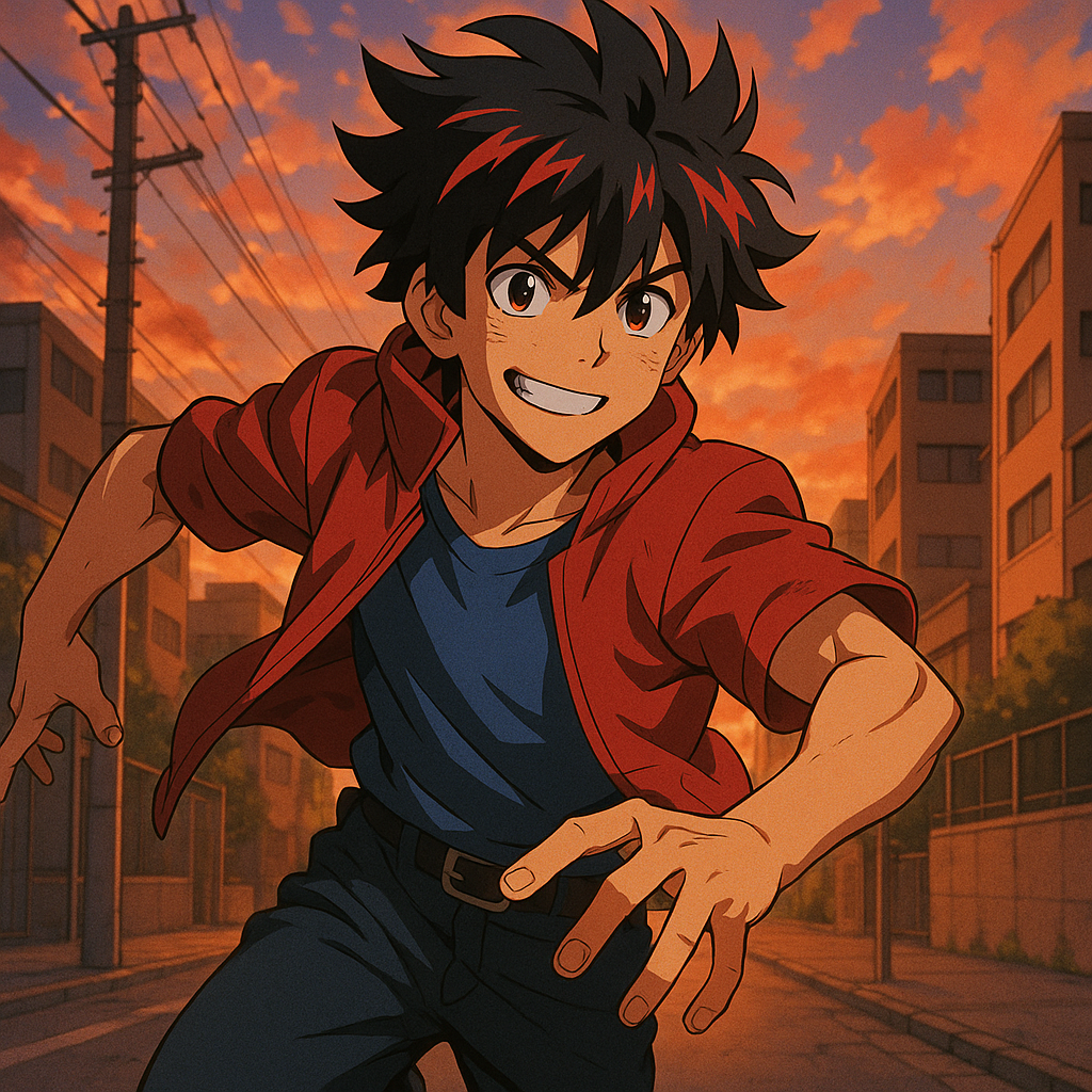 Ayoung man with tousled black hair streaked with vibrant red highlights wearing a gentle nostalgic smile that softens his features casually standing in a sunset-lit urban setting