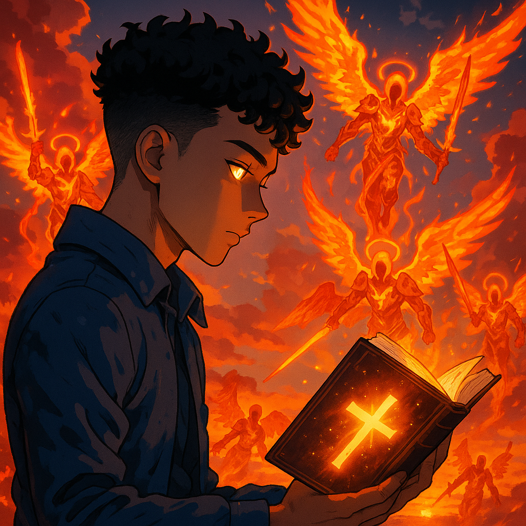 -Hairstyle:Curly black hair taper fade
- Expression: Calm face
-View: Side profile reading a book
-Background: Sunset
- Details: Glowing book with a cross on it Fiery army angels surrounding the boy boy has glowing eyes high resolution