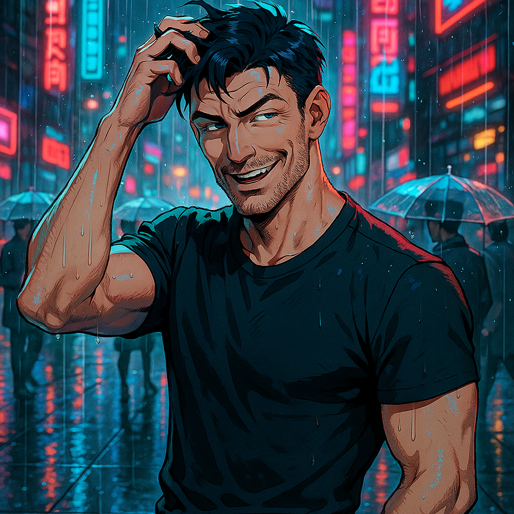 发型—黑色短发 服饰-简约T桖 动作-轻佻帅气 表情-戏谑的撩起发丝 年龄-30-35岁之间 整体风格为阳刚 硬朗 背景-下雨中的街道 路人都打着透明的雨伞 发型—黑色短发 服饰-简约T桖 动作-轻佻帅气 表情-戏谑的撩起发丝 年龄-30-35岁之间 整体风格为阳刚 硬朗 背景-下雨中的街道 路人都打着透明的雨伞