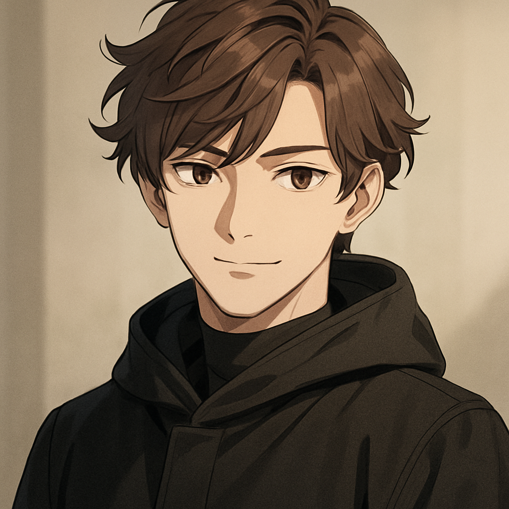 Animestyle portrait of a calm and classy young man with soft wavy hair warm eyes subtle confident expression. Wearing a dark elegant hoodie or a high-collar jacket with minimal visible clothing details. Neutral blurred background. Clean modern storyteller vibe."