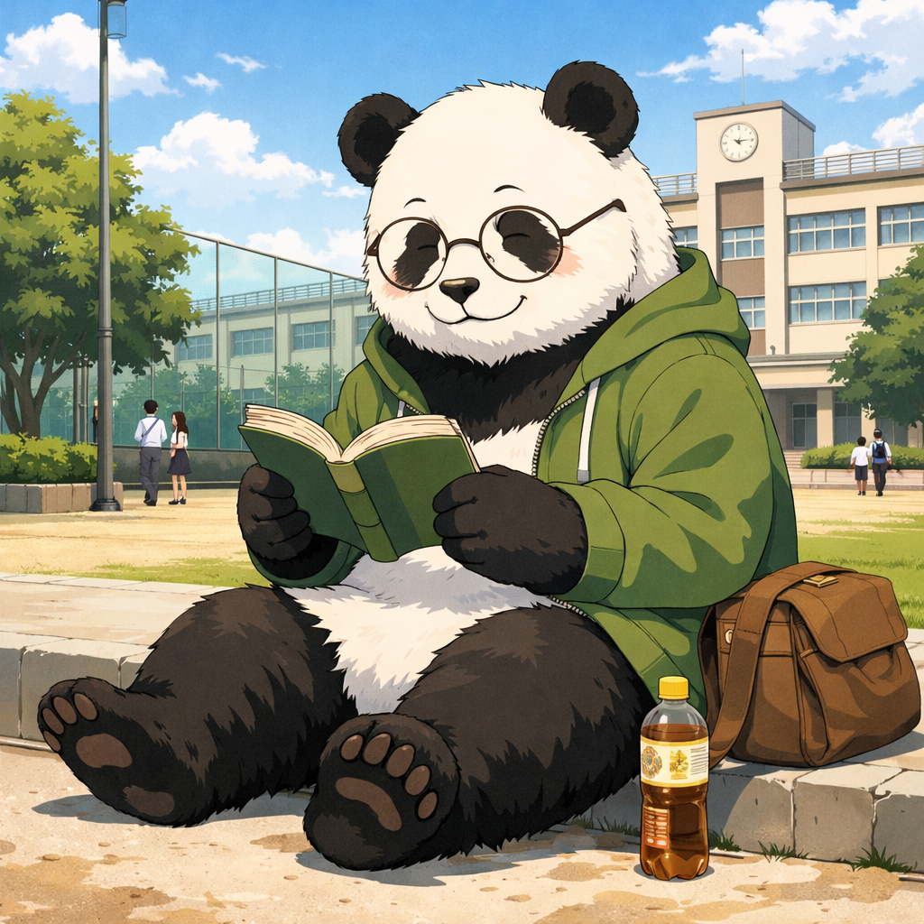 熊猫，憨憨，随缘处世，看书，戴眼镜，露全身