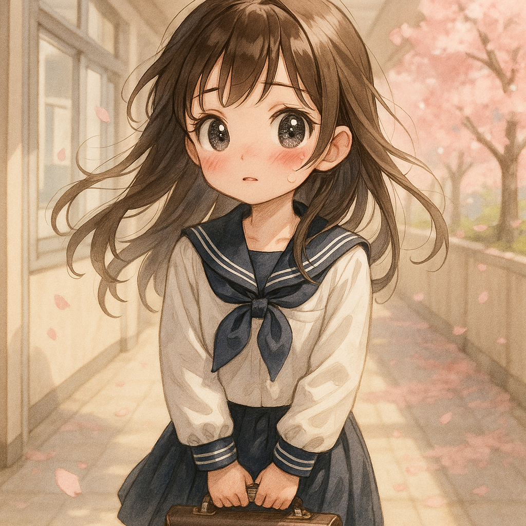 Apetite girl with large sparkling eyes and flowing hair wearing a delicate sailor-style school uniform who blushes easily and carries herself with a mix of innocence and determination as she navigates her daily life between school hallways and cherry blossom-lined streets.