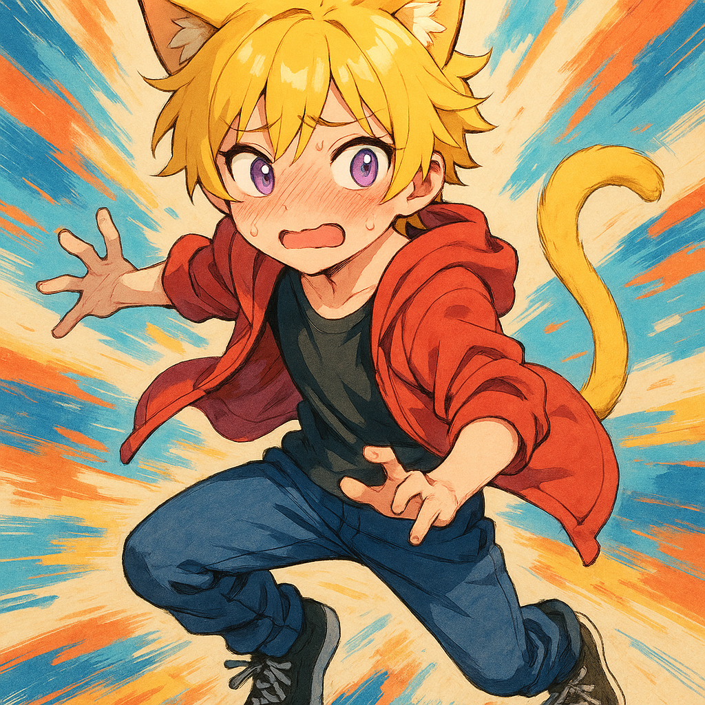 猫耳で紫色の目で黄色の髪の毛でかわいい、表情は恥ずかしがってる 猫耳で紫色の目で黄色の髪の毛でかわいい、表情は恥ずかしがってる