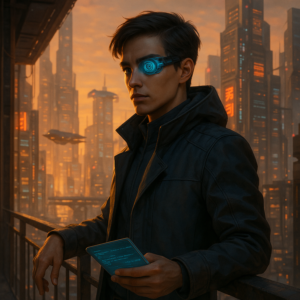 Acinematic portrait of an ambitious young fixer in a cyberpunk world. The character with a sharp and determined expression stands on a cramped balcony overlooking a megacity's upper levels. They wear a high-collared smart jacket over a humble hoodie. Their key modification is a sophisticated data-eye implant that glows with a cool blue light streaming real-time analytics and market data across their vision. One hand casually rests on the railing the other holds a translucent datapad showing encrypted messages. The atmosphere is the "golden hour" before the neon fully takes over casting long shadows. The background is a breathtaking vista of towering megastructures and flying transport vehicles. Photorealistic style of Denis Villeneuve's "Blade Runner 2049" and "Altered Carbon".
Negative Prompt: Monk religious spiritual neon rain chaotic street poor beggar punk mohawk aggressive weapon blood deformed ugly blurry cartoon 3d render childish smiling happy. (to avoid the cliché cyberpunk and ensure a serious ambitious tone)动漫风格 Acinematic portrait of an ambitious young fixer in a cyberpunk world. The character with a sharp and determined expression stands on a cramped balcony overlooking a megacity's upper levels. They wear a high-collared smart jacket over a humble hoodie. Their key modification is a sophisticated data-eye implant that glows with a cool blue light streaming real-time analytics and market data across their vision. One hand casually rests on the railing the other holds a translucent datapad showing encrypted messages. The atmosphere is the "golden hour" before the neon fully takes over casting long shadows. The background is a breathtaking vista of towering megastructures and flying transport vehicles. Photorealistic style of Denis Villeneuve's "Blade Runner 2049" and "Altered Carbon".
Negative Prompt: Monk religious spiritual neon rain chaotic street poor beggar punk mohawk aggressive weapon blood deformed ugly blurry cartoon 3d render childish smiling happy. (to avoid the cliché cyberpunk and ensure a serious ambitious tone)动漫风格