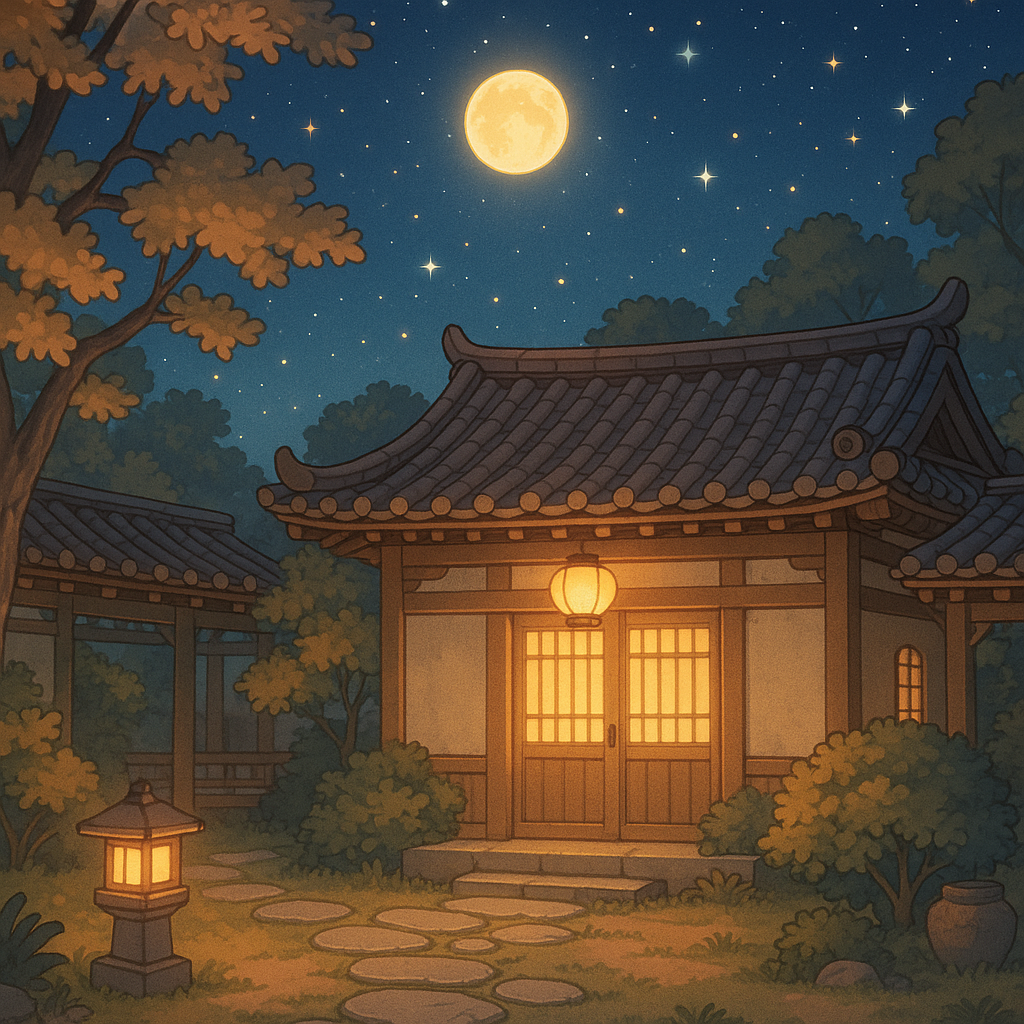 古风院子，天空中繁星点点，挂着明月，无人像