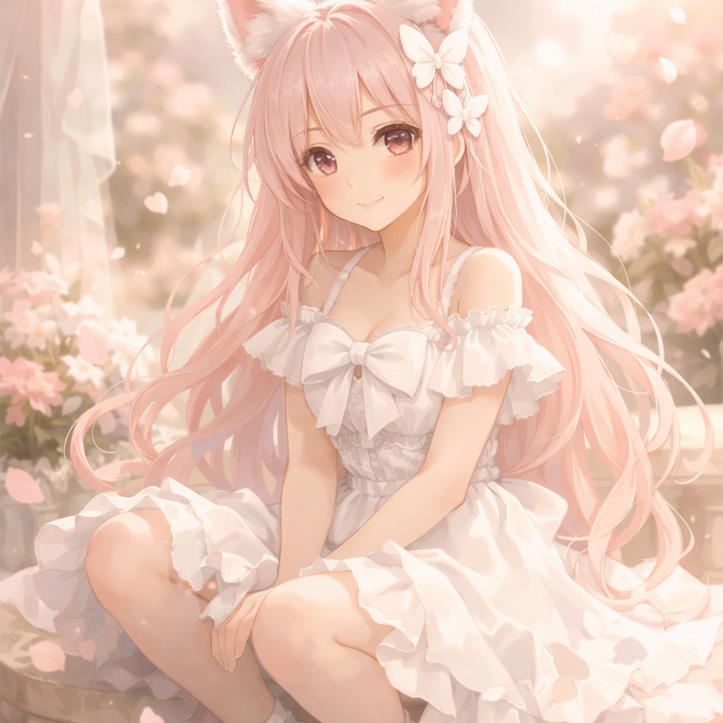 粉色的长发，带着白色蝴蝶头饰，一身白色的裙子，白色鞋子，带着白色蝴蝶结，有一双白色狐狸耳朵