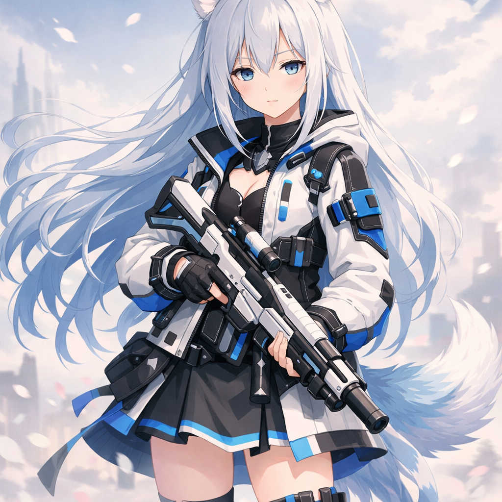 一位留着白蓝渐变飘动感长发、面无表情的二次元少女，有着兽耳兽尾特征，身着白黑青蓝配色的科幻风外套搭配短裙，手持同款配色的科幻步枪，整体是清冷动感的日系二次元插画风格