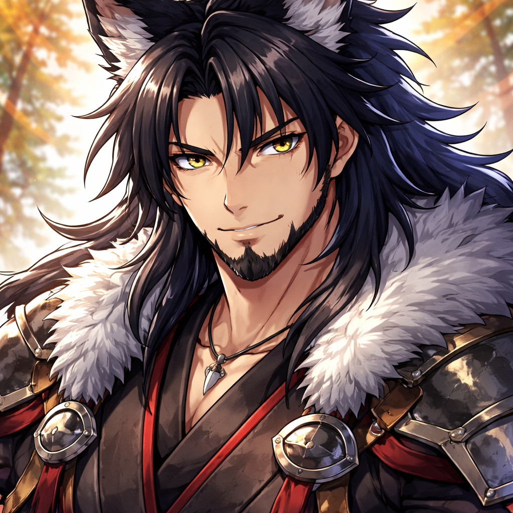 Shounenanime style male wolf ears beard long black hair with some grey hazel eyes Shounenanime style male wolf ears beard long black hair with some grey hazel eyes