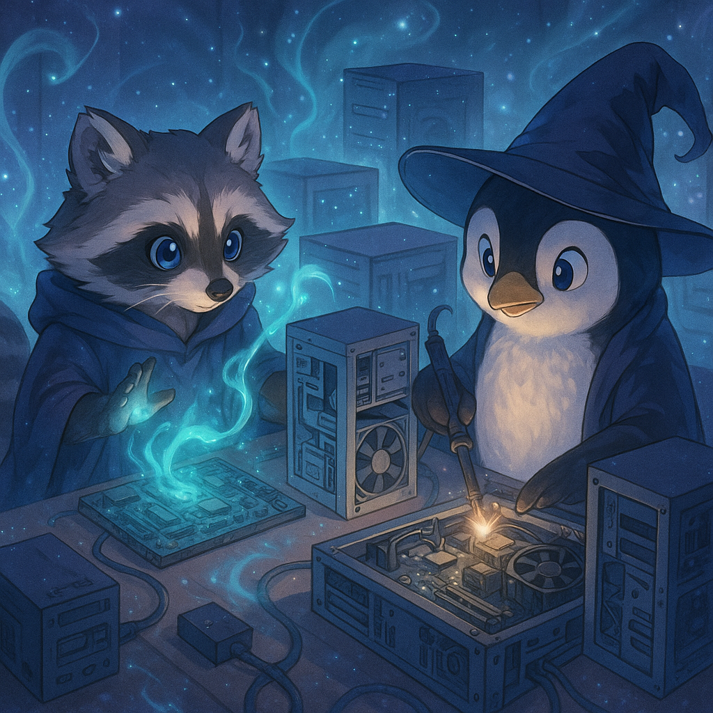 raccoonand penguin building computers